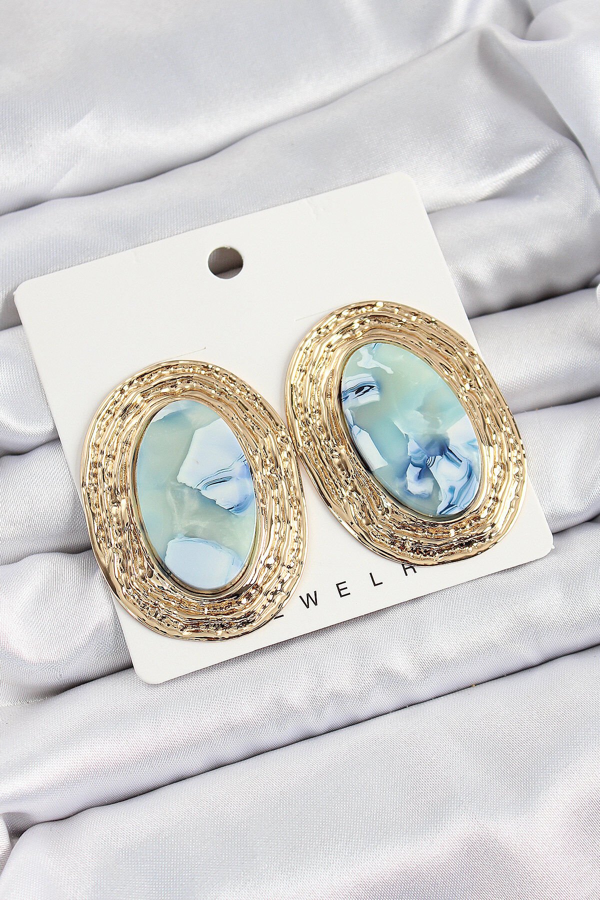 Pirinç Mermer Desenlli Mavi Sedef Oval Vintage Model Gold Renk Kadın Küpe