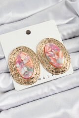 Pirinç Mermer Desenlli Pembe Sedef Oval Vintage Model Gold Renk Kadın Küpe