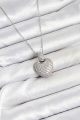 316L Çelik Zincir Gümüş Renk Zirkon Taşlı Kalpli Kadın Kolye