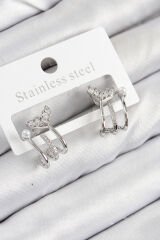 Pirinç Zirkon Taşlı İnci Detaylı Balık Kuyruğu Model Gümüş Renk Kadın Küpe