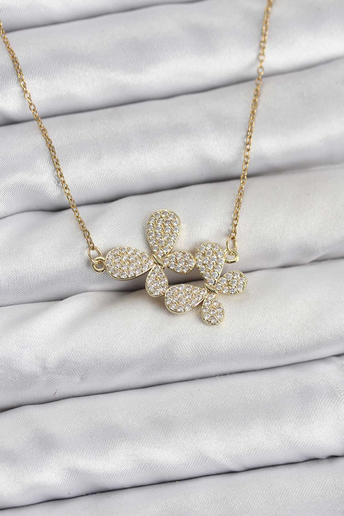 316L Çelik Zincir Gold Renk Zirkon Taşlı Kelebek Model Kadın Kolye