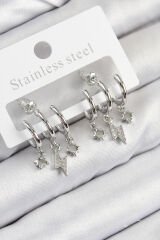 Pirinç Zirkon Taşlı Şimşek Model Gümüş Renk Kadın Küpe