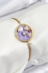 316L Çelik Zincir Mor Mineli Sanatsal Portre İnci Detaylı Çiçek Model Gold Renk Kadın Bileklik