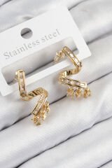 Pirinç Zirkon Taşlı Kıvrımlı Model Gold Renk Kadın Küpe