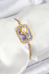 316L Çelik Zincir Mor Mineli Sanatsal Portre İnci Detaylı Papatya Model Gold Renk Kadın Bileklik