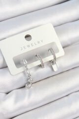 Pirinç Zirkon Taşlı Sallantılı Model Gümüş Renk 3'lü Çift Kadın Küpe Set