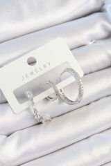 Pirinç Zirkon Taşlı Sallantılı Model Gümüş Renk 3'lü Çift Kadın Küpe Set