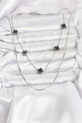 316L Çelik Zincir Gümüş Renk İtalyan Zincirli Siyah Yonca Model Kadın Kolye