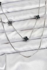 316L Çelik Zincir Gümüş Renk İtalyan Zincirli Siyah Yonca Model Kadın Kolye