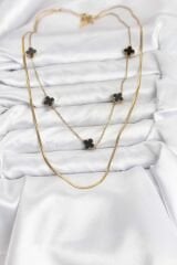 316L Çelik Zincir Gold Renk İtalyan Zincirli Siyah Yonca Model Kadın Kolye