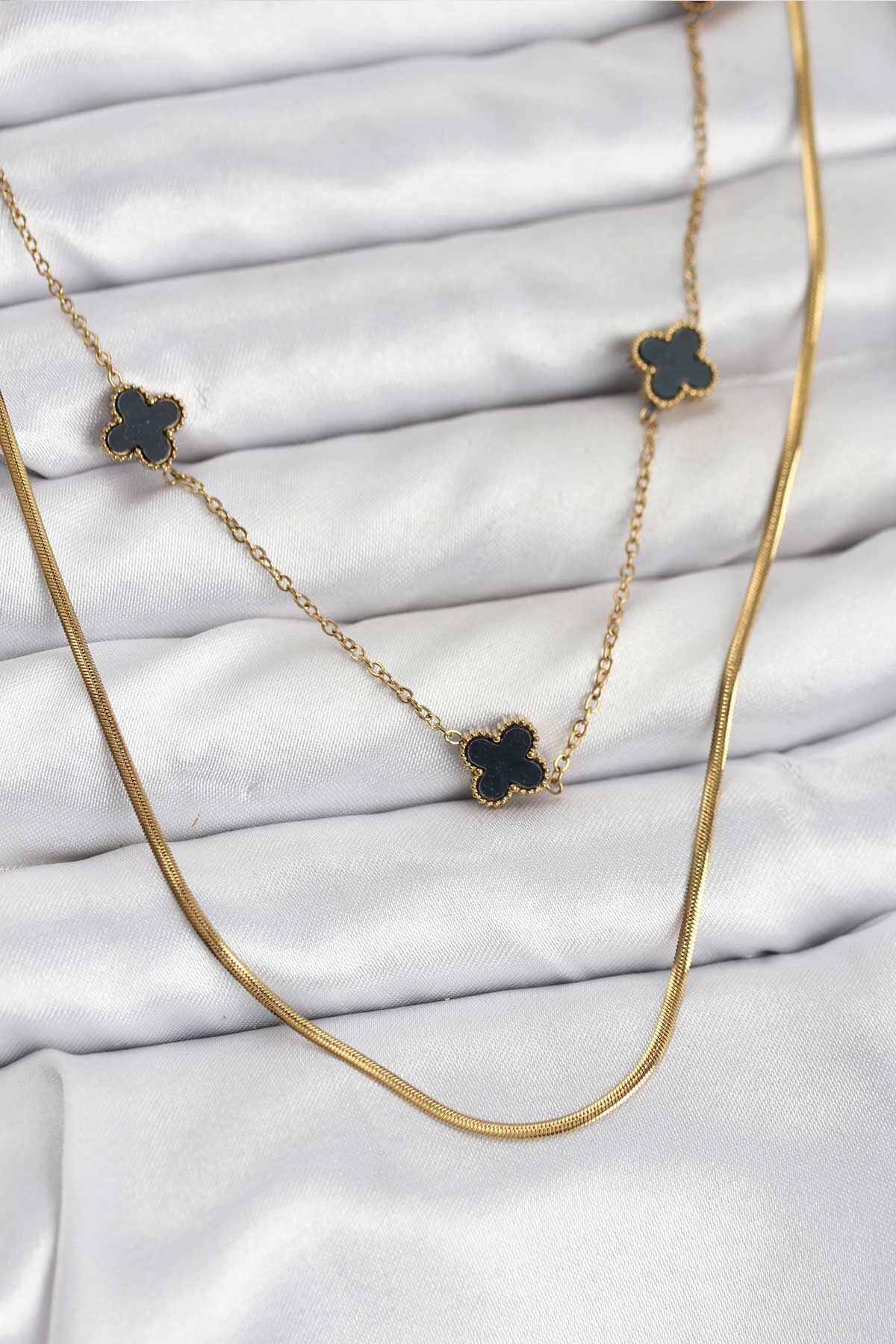 316L Çelik Zincir Gold Renk İtalyan Zincirli Siyah Yonca Model Kadın Kolye