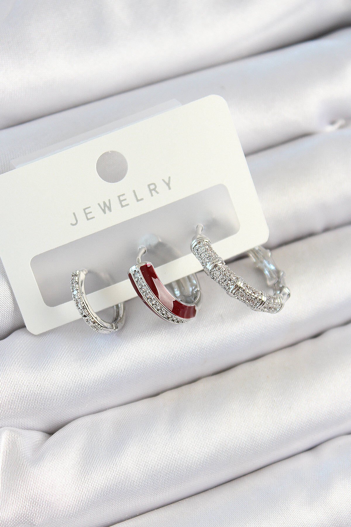 Pirinç Zirkon Taşlı Bordo Pembe Halka Model Gümüş Renk 3'lü Çift Kadın Küpe Set