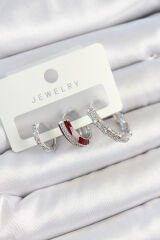 Pirinç Zirkon Taşlı Bordo Pembe Halka Model Gümüş Renk 3'lü Çift Kadın Küpe Set