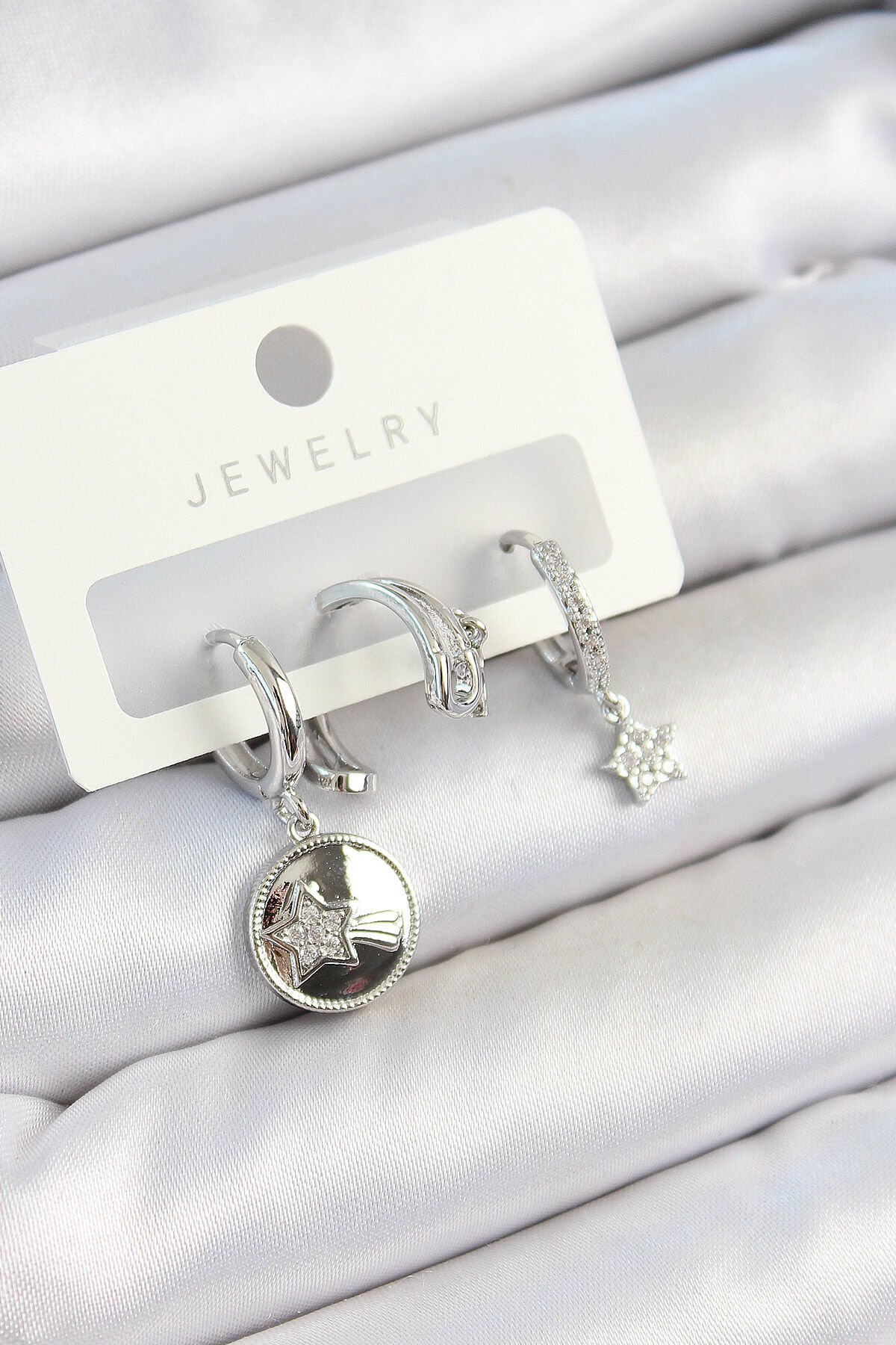 Pirinç Zirkon Taşlı Sallantılı Yıldız Model Gümüş Renk 3'lü Çift Kadın Küpe Set