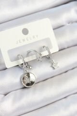 Pirinç Zirkon Taşlı Sallantılı Yıldız Model Gümüş Renk 3'lü Çift Kadın Küpe Set