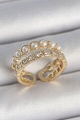 Pirinç Gold Renk 2'Li Zirkon Taşlı Ve İncili Ayarlanabilir Kadın Yüzük