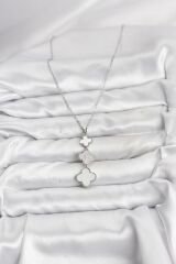 316L Çelik Zincir Gümüş Renk Yonca Detaylı Zirkon Taşlı Kadın Kolye