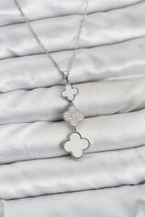 316L Çelik Zincir Gümüş Renk Yonca Detaylı Zirkon Taşlı Kadın Kolye