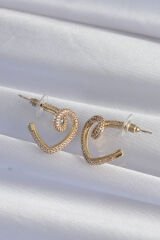 Pirinç Gold Renk Zirkon Taşlı Kıvrımlı Yarım Kalp Küpe