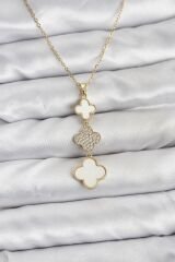 316L Çelik Zincir Gold Renk Yonca Detaylı Zirkon Taşlı Kadın Kolye