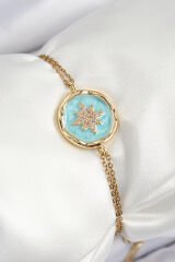 316L Çelik Zincir Turkuaz Mineli Sanatsal Portre Kuzey Yıldızı Model Gold Renk Kadın Bileklik
