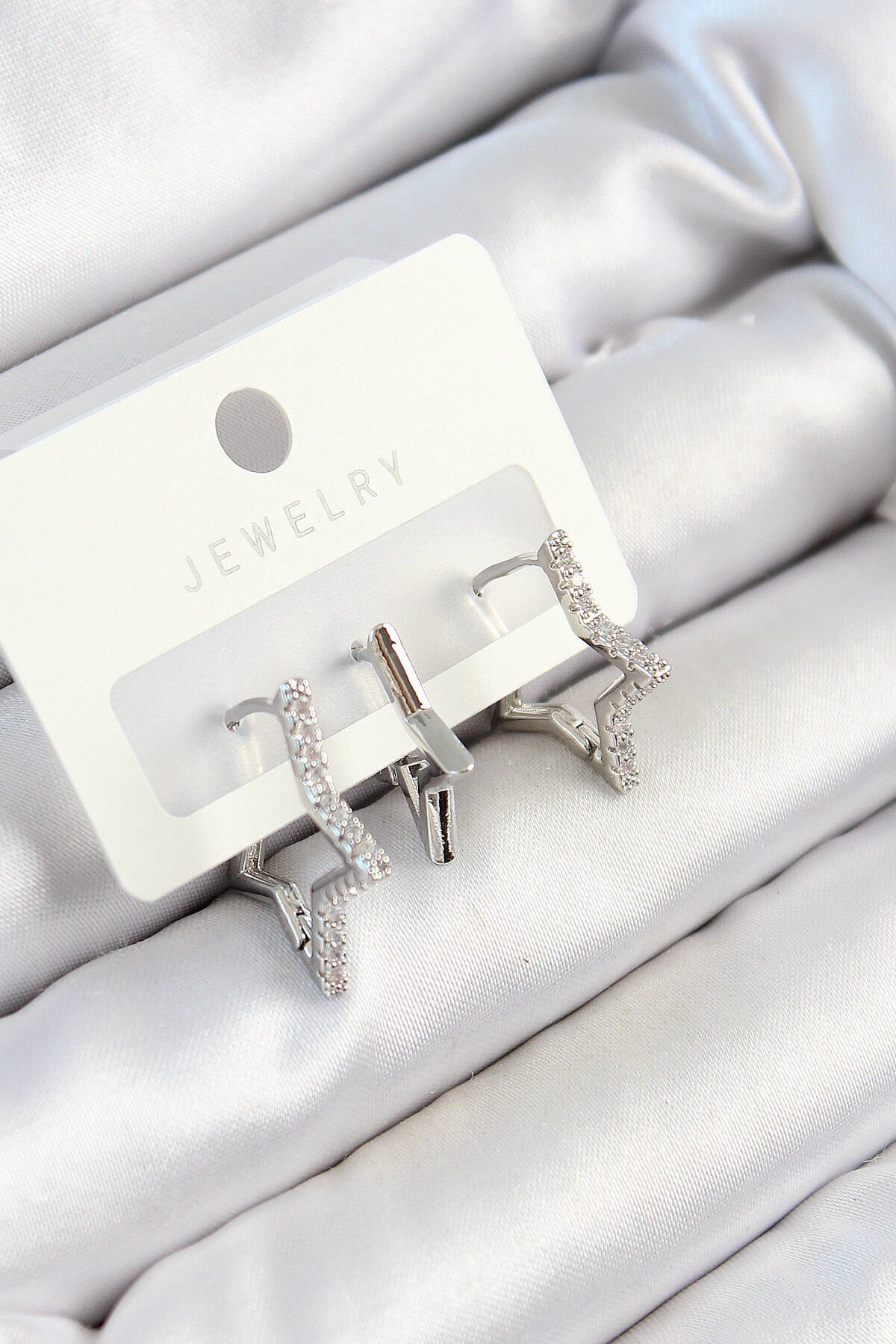 Pirinç Zirkon Taşlı Yıldız Model Gümüş Renk 3'lü Çift Kadın Küpe Set