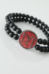 Bordo Metal Üzerine Füme Kayı Boyu Figürlü Siyah Renk Çift Sıra Doğal Taş Erkek Bileklik