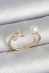 Pirinç Gold Renk Zirkon Taşlı Çiçek Model İnci Detay Ayarlanabilir Kadın Yüzük