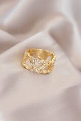Ayarlamalı Gold Renk Metal Zirkon Taşlı Kalp Model Yüzük