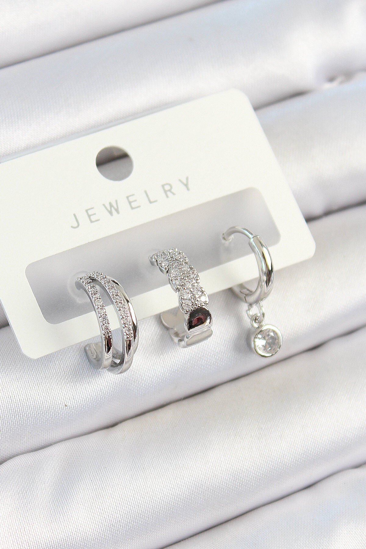 Pirinç Zirkon Taşlı Halka Model Gümüş Renk 3'lü Çift Kadın Küpe Set