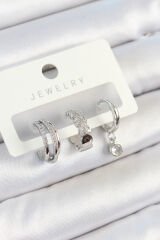 Pirinç Zirkon Taşlı Halka Model Gümüş Renk 3'lü Çift Kadın Küpe Set