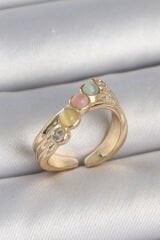 Pirinç Gold Renk Zirkon Taş Detaylı Karışık Mineli Ayarlanabilir Kadın Yüzük