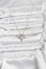 316L Çelik Zincir Gümüş Renk Kanatlı Kalp Model Zirkon Taşlı Kadın Kolye