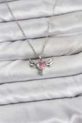 316L Çelik Zincir Gümüş Renk Kanatlı Kalp Model Zirkon Taşlı Kadın Kolye