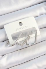 Pirinç Zirkon Taşlı Dikdörtgen Model Gümüş Renk 3'lü Çift Kadın Küpe Set