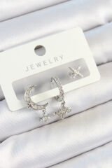 Pirinç Zirkon Taşlı Çiçek Ve Ay Model Gümüş Renk 3'lü Çift Kadın Küpe Set