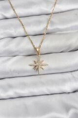 316L Çelik Zincir Gold Renk Kutup Yıldızı Model Zirkon Taşlı Kadın Kolye
