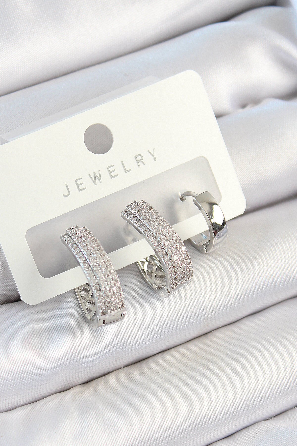 Pirinç Zirkon Taşlı Damla Model Gümüş Renk 3'lü Çift Kadın Küpe Set