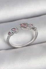 Pirinç Gümüş Renk Pembe Damla Zirkon Taşlı Ayarlanabilir Model Kadın Yüzük