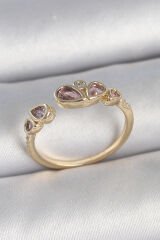 Pirinç Gold Renk Pembe Damla Zirkon Taşlı Ayarlanabilir Kadın Yüzük