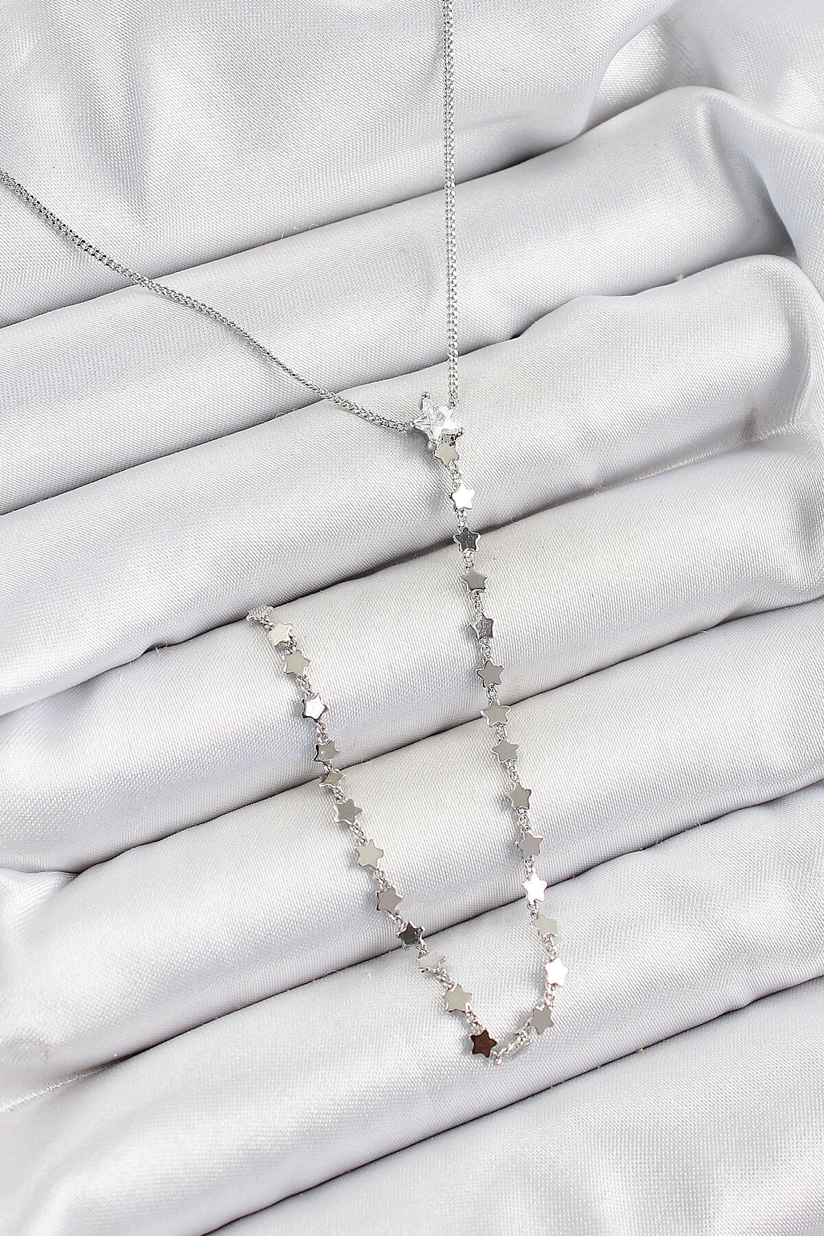 Pirinç Zirkon Taşlı Yıldız Figürlü Y Model Gümüş Renk Kadın Kolye