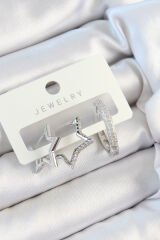 Pirinç Zirkon Taşlı Yıldız Ve Halka Model Gümüş Renk 3'lü Çift Kadın Küpe Set