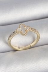 Pirinç Gold Renk Zirkon Taşlı Beyaz Mineli Yonca Model Ayarlanabilir Kadın Yüzük