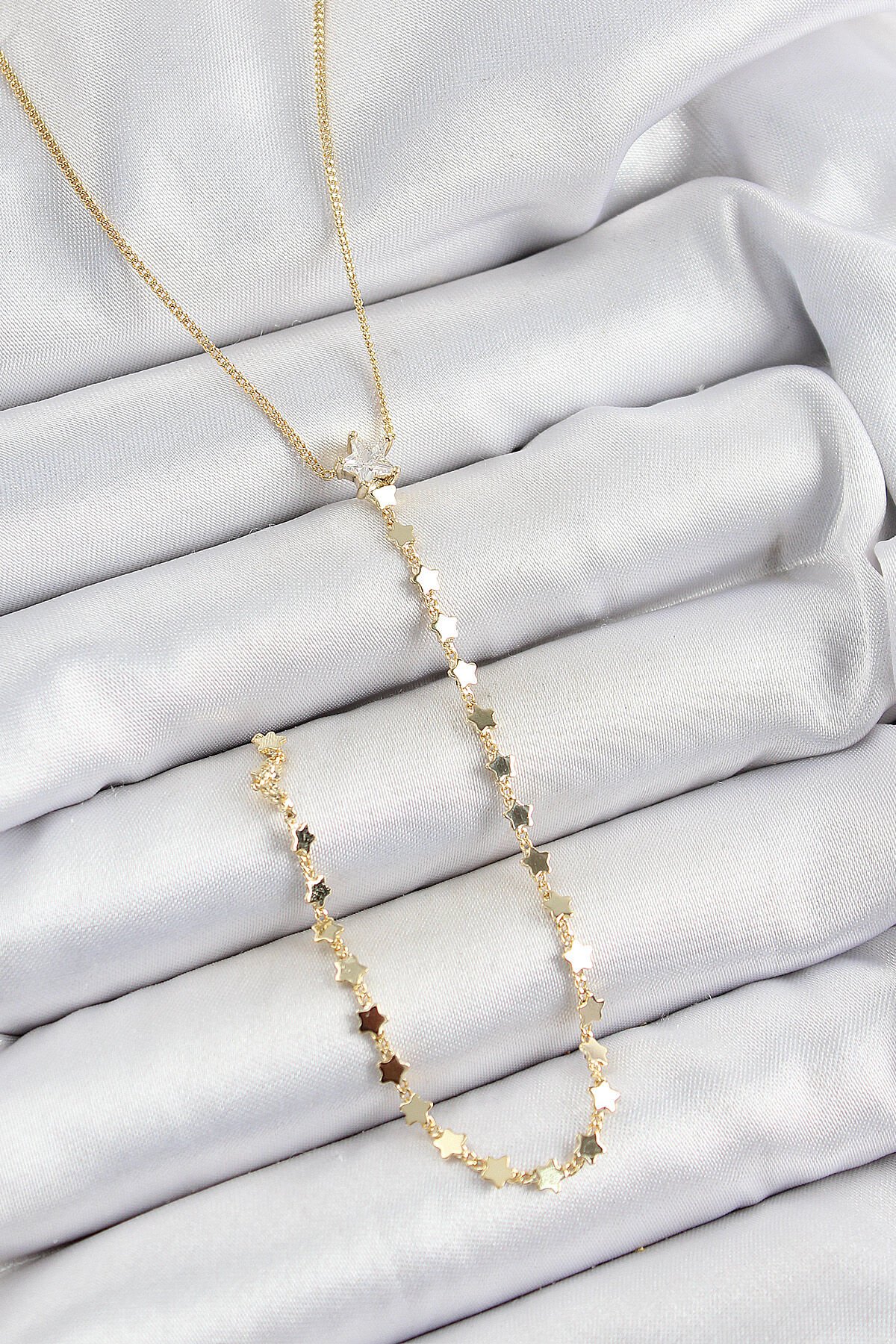 Pirinç Zirkon Taşlı Yıldız Figürlü Y Model Gold Renk Kadın Kolye