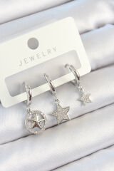 Pirinç Zirkon Taşlı Yıldız Model Gümüş Renk 3'lü Çift Kadın Küpe Set