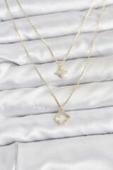 Pirinç Gold Renk Yonca Model 2'li Kadın Kolye