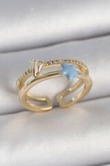 Pirinç Gold Renk 2'Li Zirkon Taşlı Mavi Yıldız Figür Ayarlanabilir Kadın Yüzük