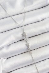 Pirinç Zirkon Taşlı Sıralı Yıldız Figürlü Y Model Gümüş Renk Kadın Kolye