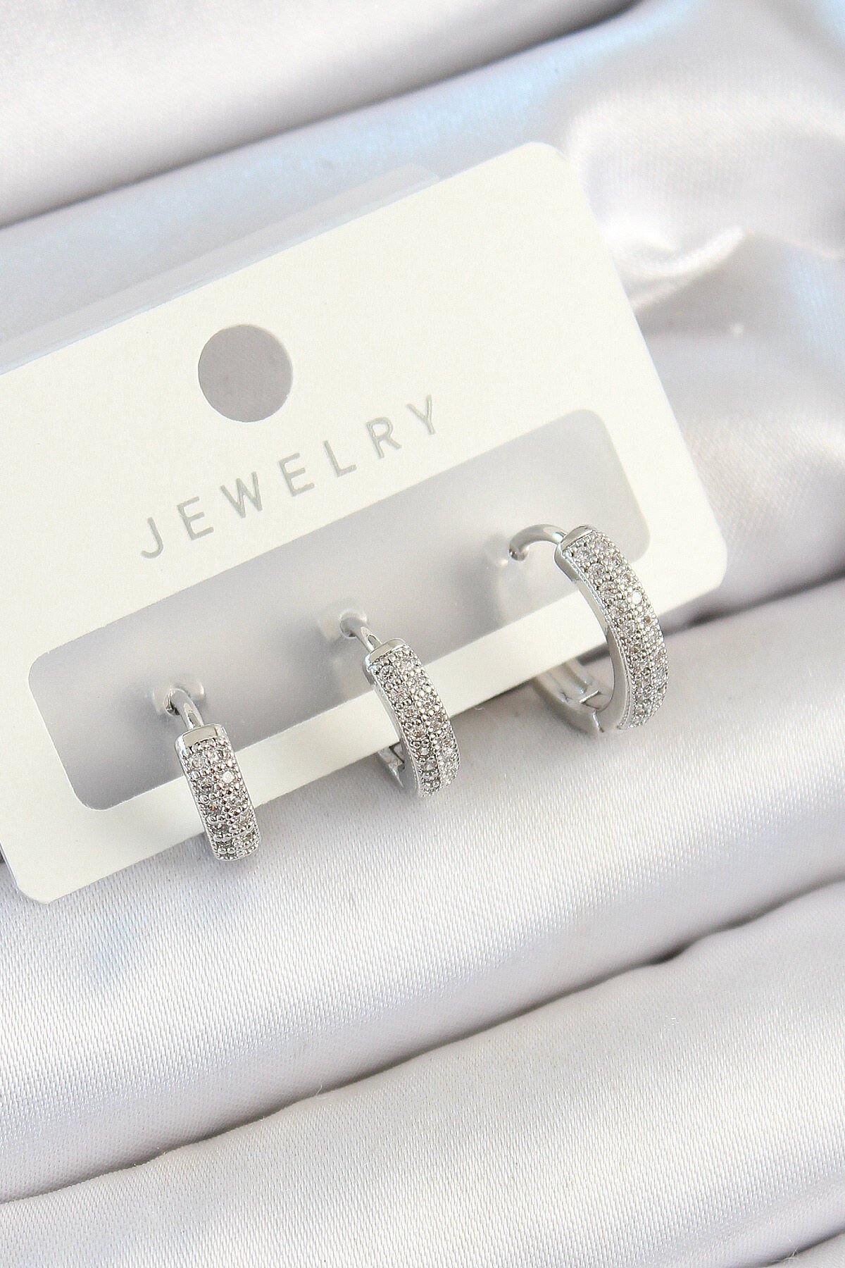 Pirinç Zirkon Taşlı Halka Model Gümüş Renk 3'lü Çift Kadın Küpe Set