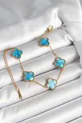 316L Çelik Sedefli Gökyüzü Mavisi Gold Renk Yonca Kadın Bileklik